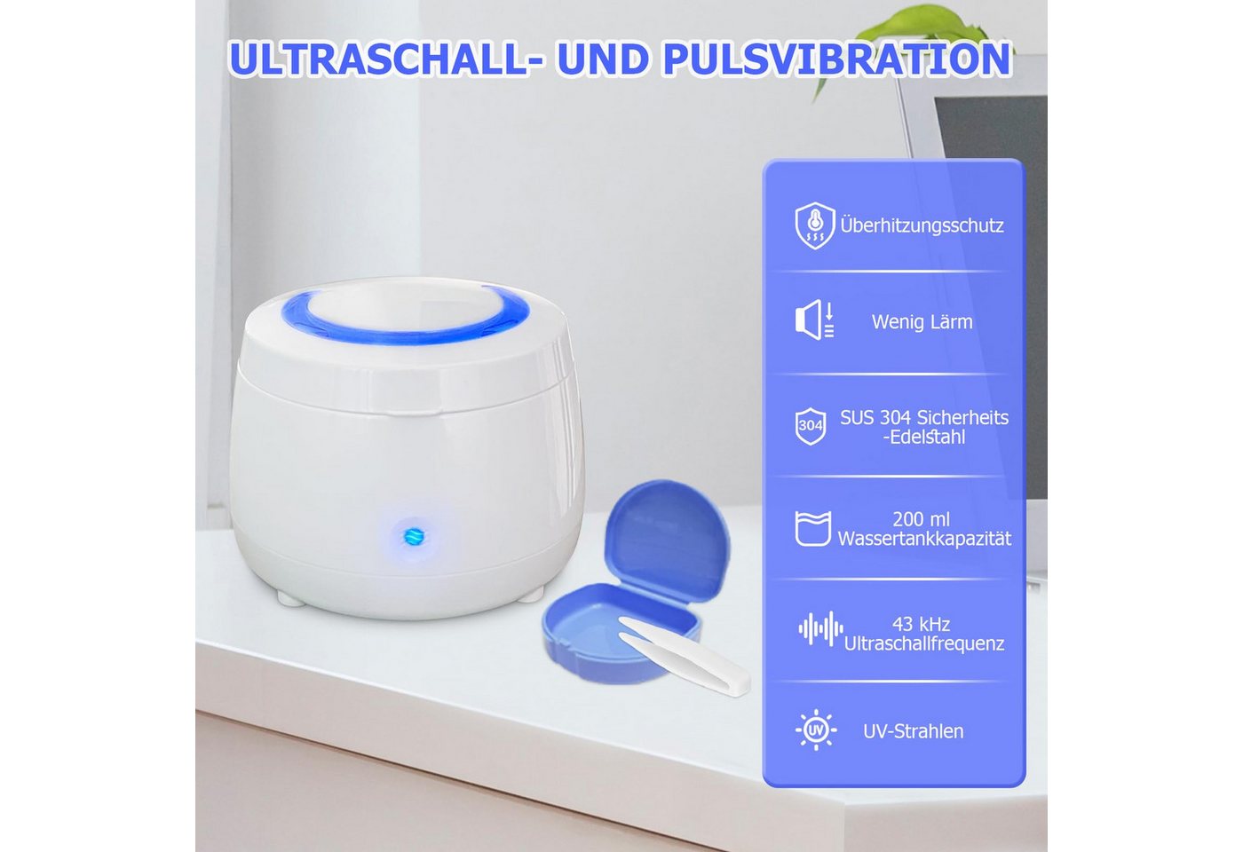 AIBISTAR Ultraschallreiniger Ultraschallreiniger 200 ml 43000 Hz für Zahnersatz & Zahnschiene, 43.000 Hz Ultraschall, Mit 3 UV-Lichtern, Für Zahnersatz