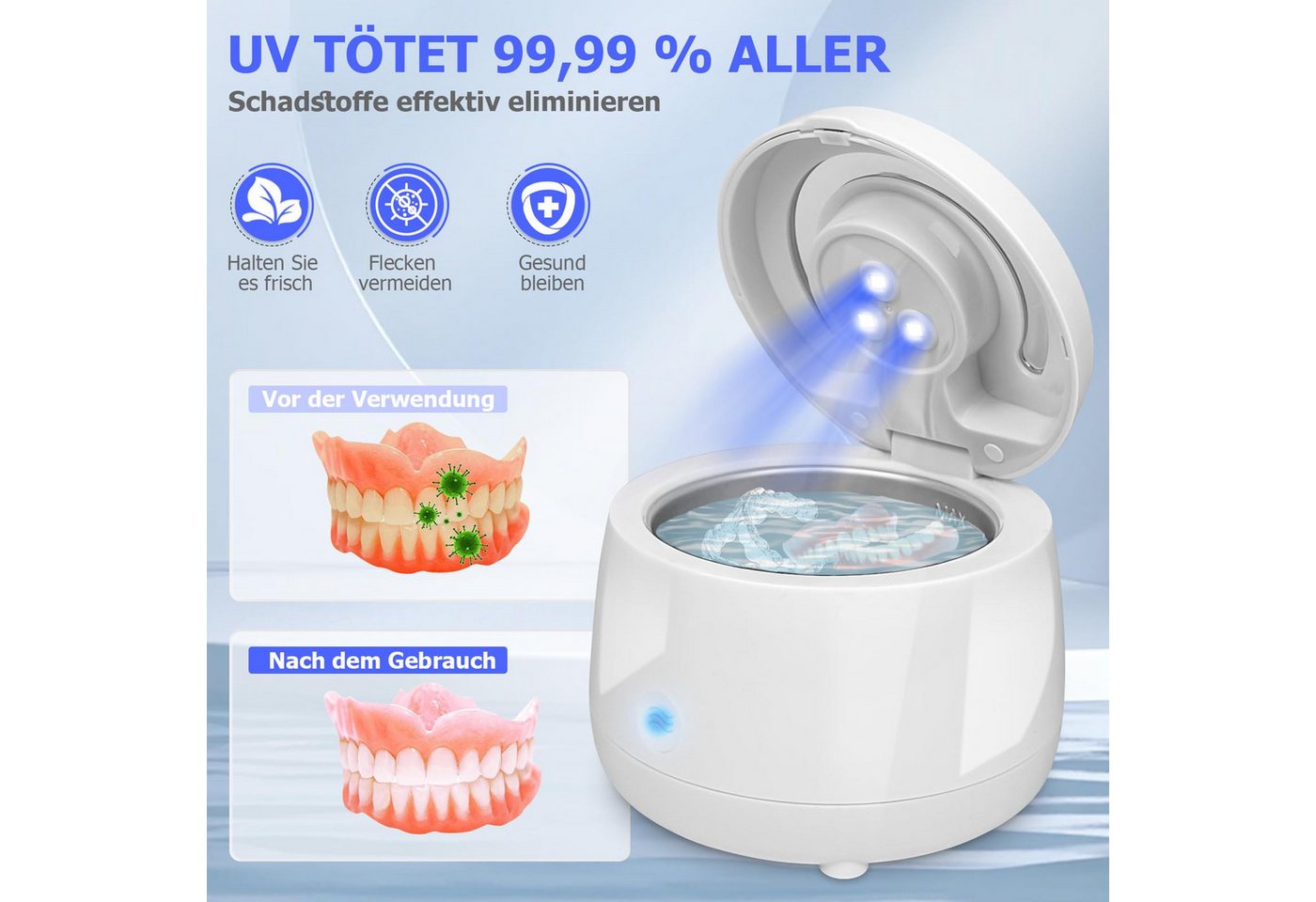 AIBISTAR Ultraschallreiniger Ultraschallreiniger 200 ml 43000 Hz für Zahnersatz & Zahnschiene, 43.000 Hz Ultraschall, Mit 3 UV-Lichtern, Für Zahnersatz Bild 4