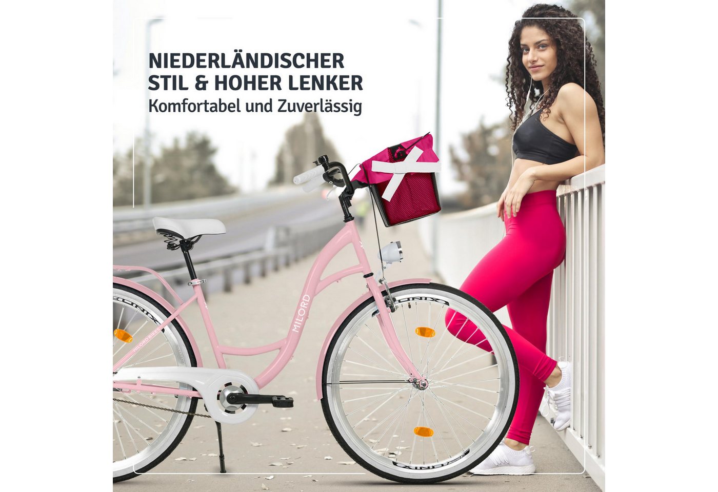 Milord Cityrad Milord City Fahrrad Weidenkorb Damenfahrrad, 28/26 Zoll, Rosa, 7-Gang, 7 Gang, (Fahrradständer, Gepäckträger, Klingel, Korb, Kotflügel)