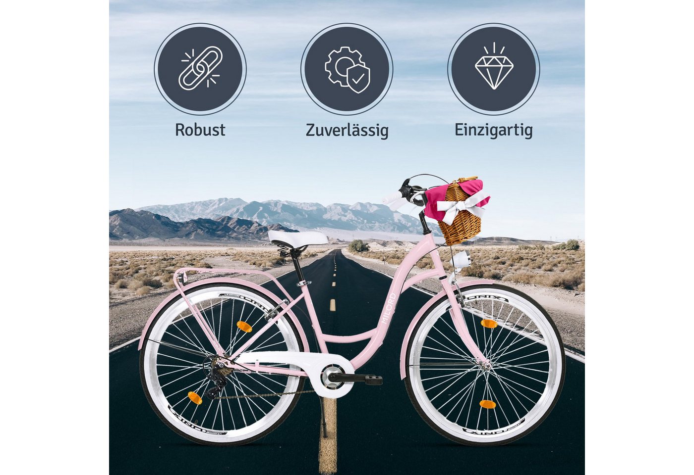 Milord Cityrad Milord City Fahrrad Weidenkorb Damenfahrrad, 28/26 Zoll, Rosa, 7-Gang, 7 Gang, (Fahrradständer, Gepäckträger, Klingel, Korb, Kotflügel) Bild 2