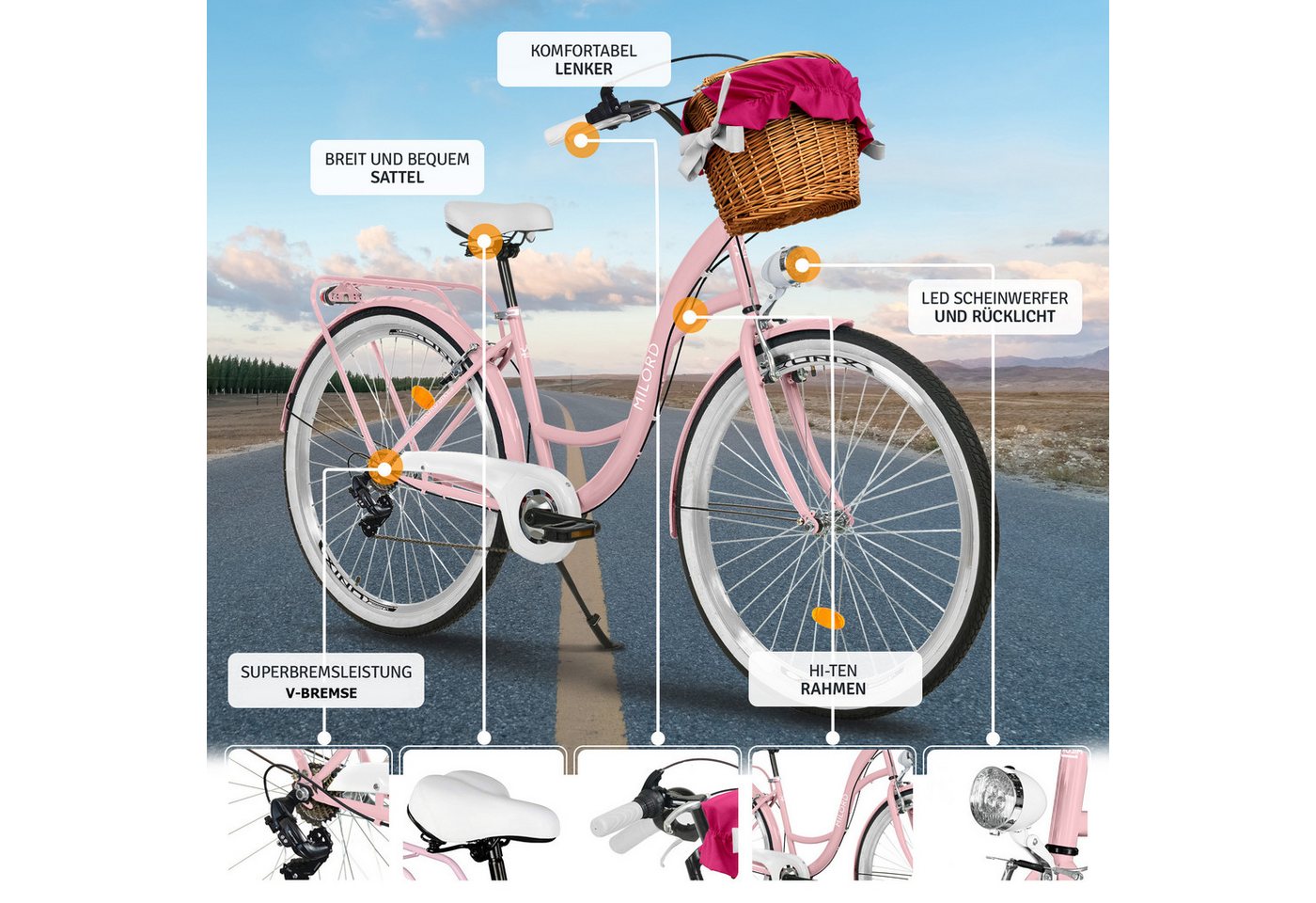 Milord Cityrad Milord City Fahrrad Weidenkorb Damenfahrrad, 28/26 Zoll, Rosa, 7-Gang, 7 Gang, (Fahrradständer, Gepäckträger, Klingel, Korb, Kotflügel) Bild 3