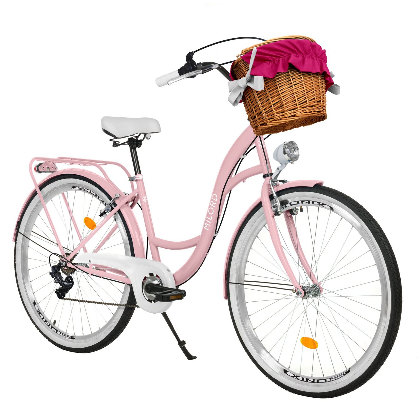 Milord Cityrad Milord City Fahrrad Weidenkorb Damenfahrrad, 28/26 Zoll, Rosa, 7-Gang, 7 Gang, (Fahrradständer, Gepäckträger, Klingel, Korb, Kotflügel) Bild 4
