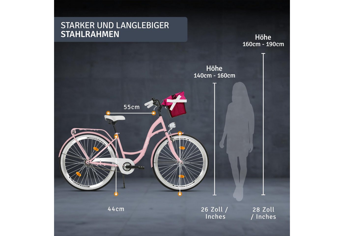 Milord Cityrad Milord City Fahrrad Weidenkorb Damenfahrrad, 28/26 Zoll, Rosa, 7-Gang, 7 Gang, (Fahrradständer, Gepäckträger, Klingel, Korb, Kotflügel) Bild 5
