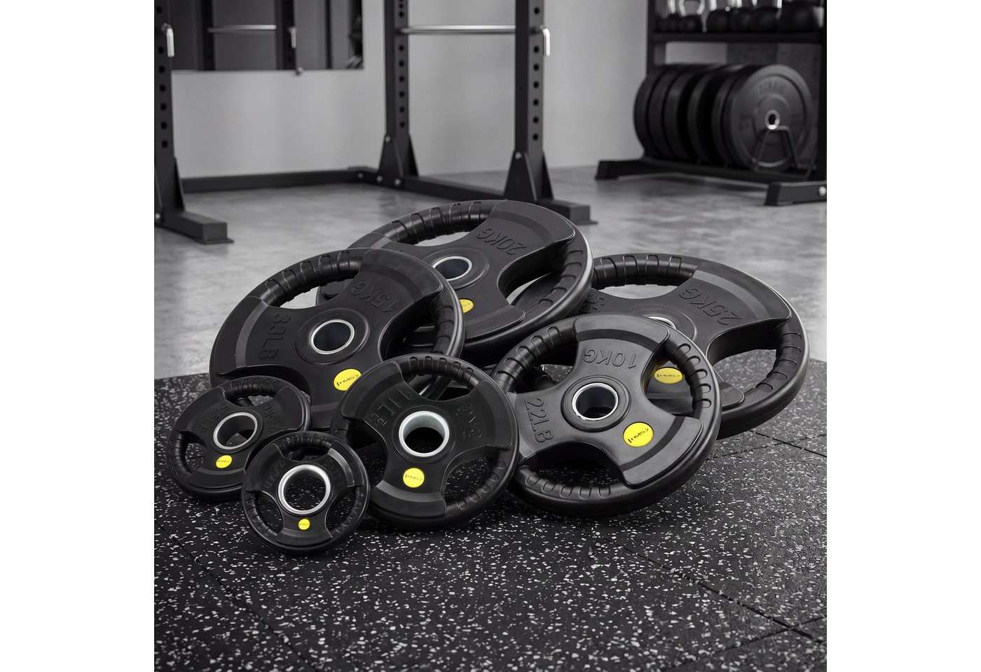 HMS Hantelscheibe Pro Grip Gewichtsscheiben für Hanteln, 5 kg, (1-tlg), Tri-Grip-Design mit 3 ergonomischen Griffen Bild 3