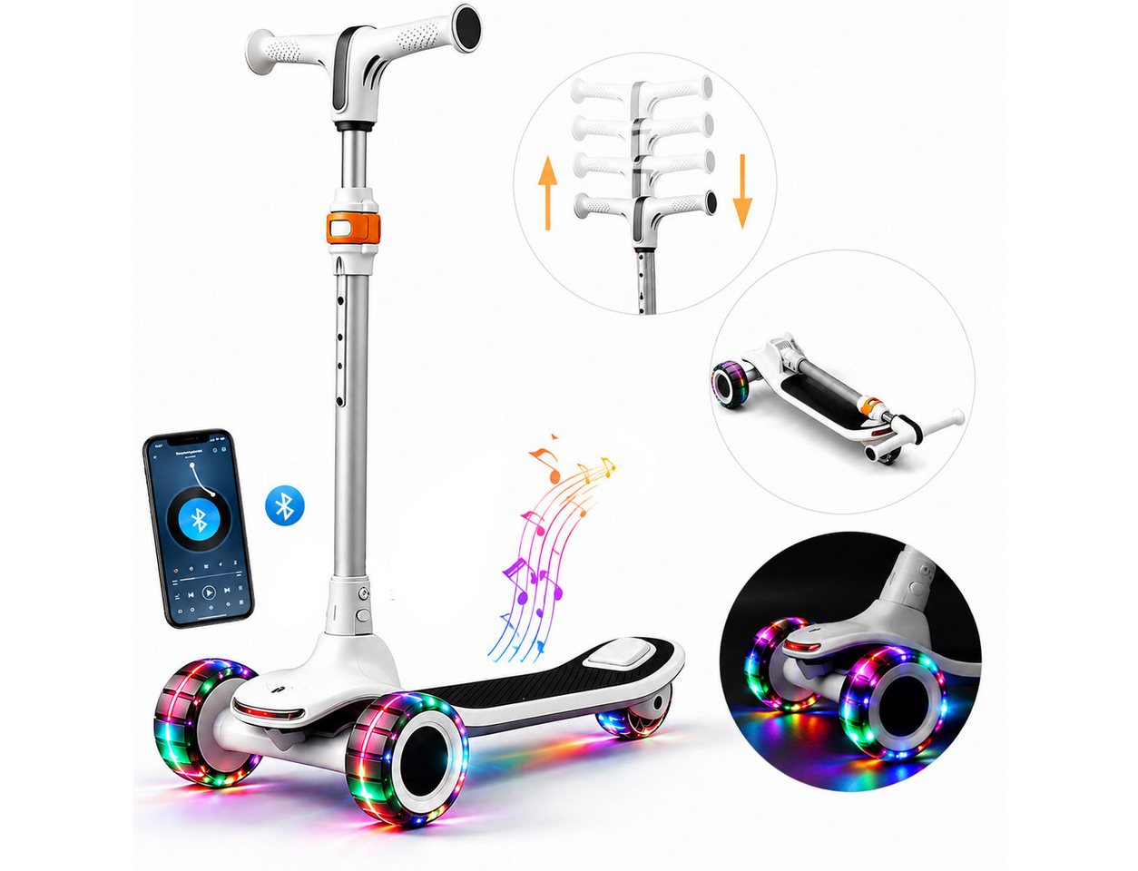 Vornix Cityroller Dreirad Kinder Tretroller ab 3 Jahren,höhenverstellbarer Scooter, mit bunten LED-Leuchträdern & Bluetooth Musik für Drinnen und Draußen Bild 2