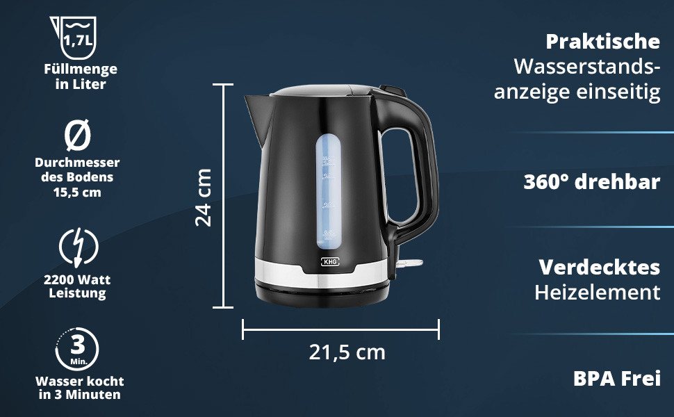 KHG Wasserkocher Wasserkocher WK-1708 WE2 in weiß aus Kunststoff, 1,7 Liter, 1.7 l