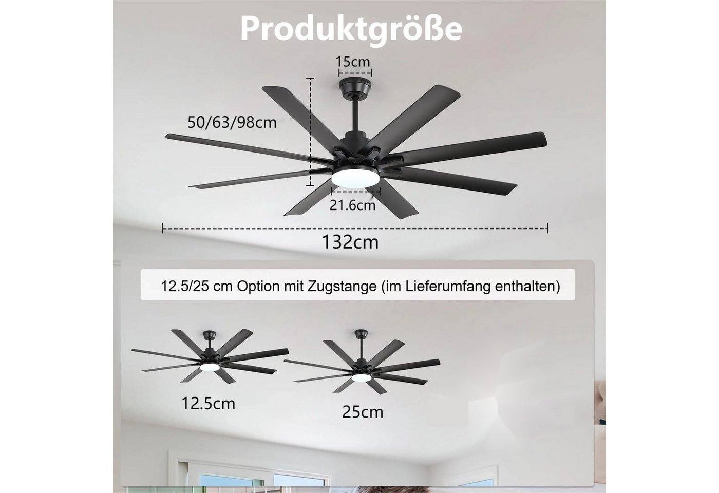 Sofucor Deckenventilator mit Licht und Fernbedienung, 132 cm, 8 ABS-Flügel, 8 weiße ABS‑Flügel, 1‑/4‑/8‑Stunden‑Timer Bild 5