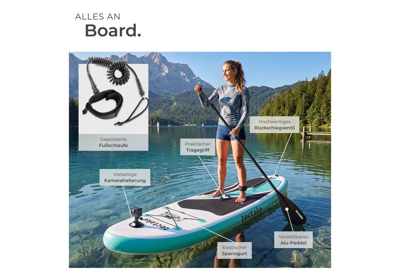 tectake SUP-Board Aufblasbares Paddle Board mit Kamerahalterung, Kajak-Sitz, 200 kg, Stand-up Paddle, (Aufblasbares Stand up Paddle Board Zenon, in Weiß/türkis), Verstellbares Doppelpaddel, Inkl. Rucksack, Inkl. Zubehör
