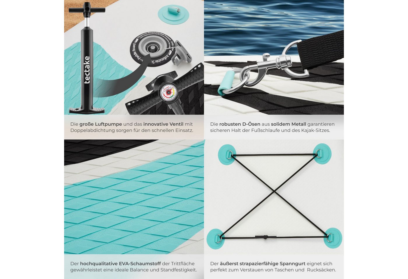 tectake SUP-Board Aufblasbares Paddle Board mit Kamerahalterung, Kajak-Sitz, 200 kg, Stand-up Paddle, (Aufblasbares Stand up Paddle Board Zenon, in Weiß/türkis), Verstellbares Doppelpaddel, Inkl. Rucksack, Inkl. Zubehör Bild 2