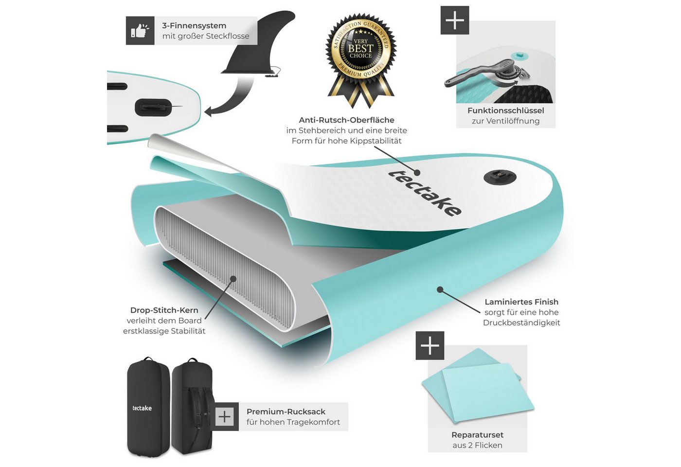 tectake SUP-Board Aufblasbares Paddle Board mit Kamerahalterung, Kajak-Sitz, 200 kg, Stand-up Paddle, (Aufblasbares Stand up Paddle Board Zenon, in Weiß/türkis), Verstellbares Doppelpaddel, Inkl. Rucksack, Inkl. Zubehör Bild 3