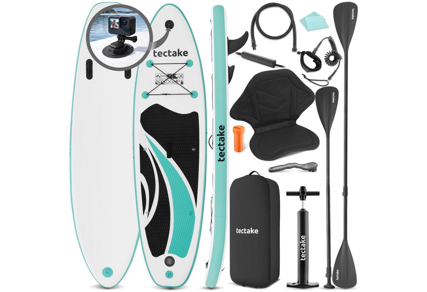 tectake SUP-Board Aufblasbares Paddle Board mit Kamerahalterung, Kajak-Sitz, 200 kg, Stand-up Paddle, (Aufblasbares Stand up Paddle Board Zenon, in Weiß/türkis), Verstellbares Doppelpaddel, Inkl. Rucksack, Inkl. Zubehör Bild 4