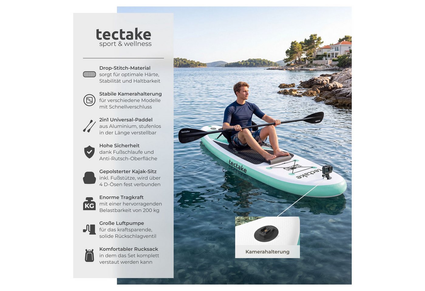 tectake SUP-Board Aufblasbares Paddle Board mit Kamerahalterung, Kajak-Sitz, 200 kg, Stand-up Paddle, (Aufblasbares Stand up Paddle Board Zenon, in Weiß/türkis), Verstellbares Doppelpaddel, Inkl. Rucksack, Inkl. Zubehör Bild 5