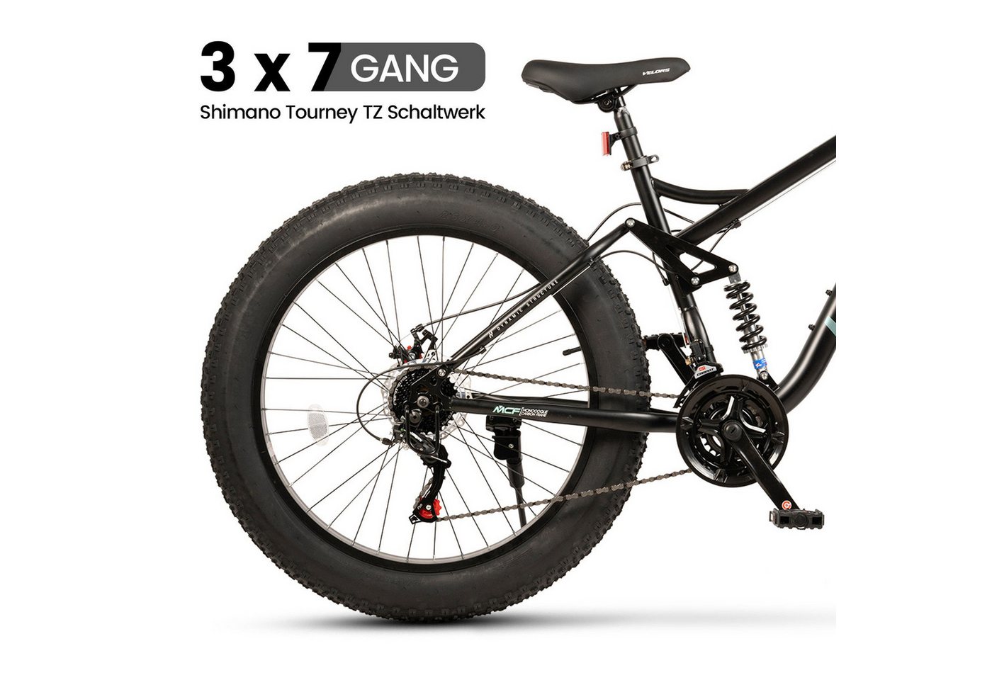 Velors Fatbike 26 Zoll Fat Tire 4.0 MTB für Herren Damen und Jungen, 21 Gang Shimano Tourney Schaltwerk, Kettenschaltung, mechanische Scheibenbremse, Fat Bike Mountainbike Bild 5