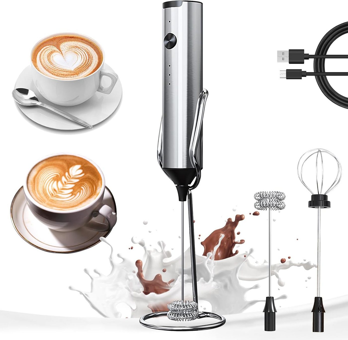 Futicare Milchaufschäumer Elektrischer Milchaufschäumer, USB wiederaufladbar, 3 Stufen, für cremigen Milchschaum, geeignet für Cappuccino und Latte Macchiato Bild 3