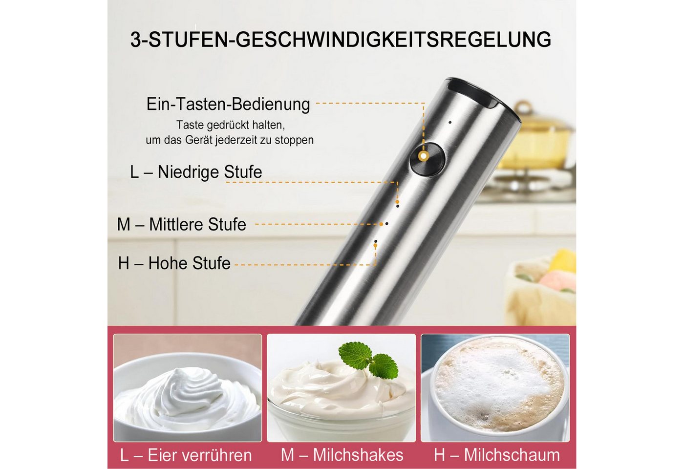 Futicare Milchaufschäumer Elektrischer Milchaufschäumer, USB wiederaufladbar, 3 Stufen, für cremigen Milchschaum, geeignet für Cappuccino und Latte Macchiato Bild 5