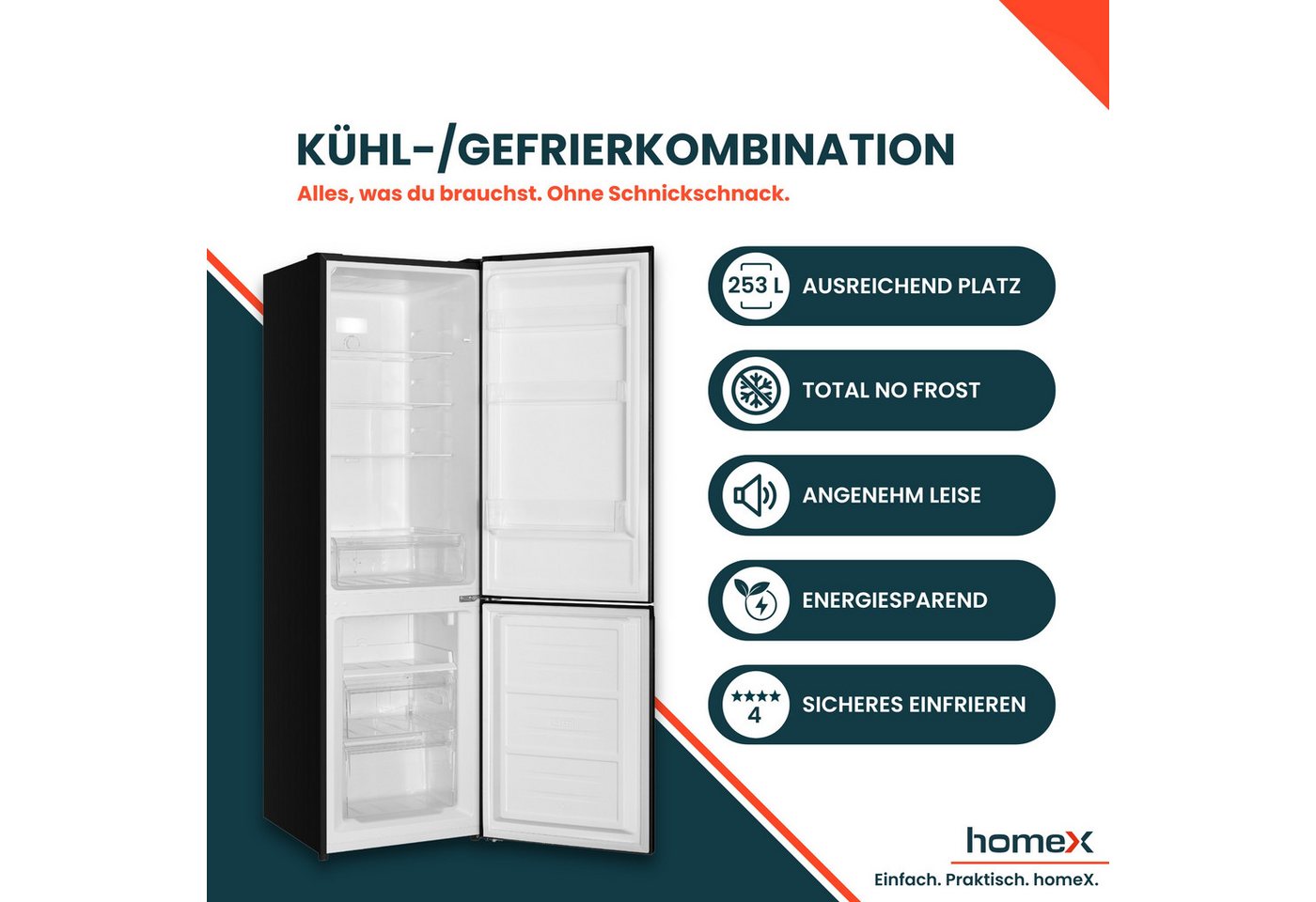 homeX Kühl-/Gefrierkombination CFSN2531C-B, 181 cm hoch, 54.5 cm breit, No Frost, 253 Liter, Kühlschrank mit Gefrierfach, freistehend, groß Bild 2