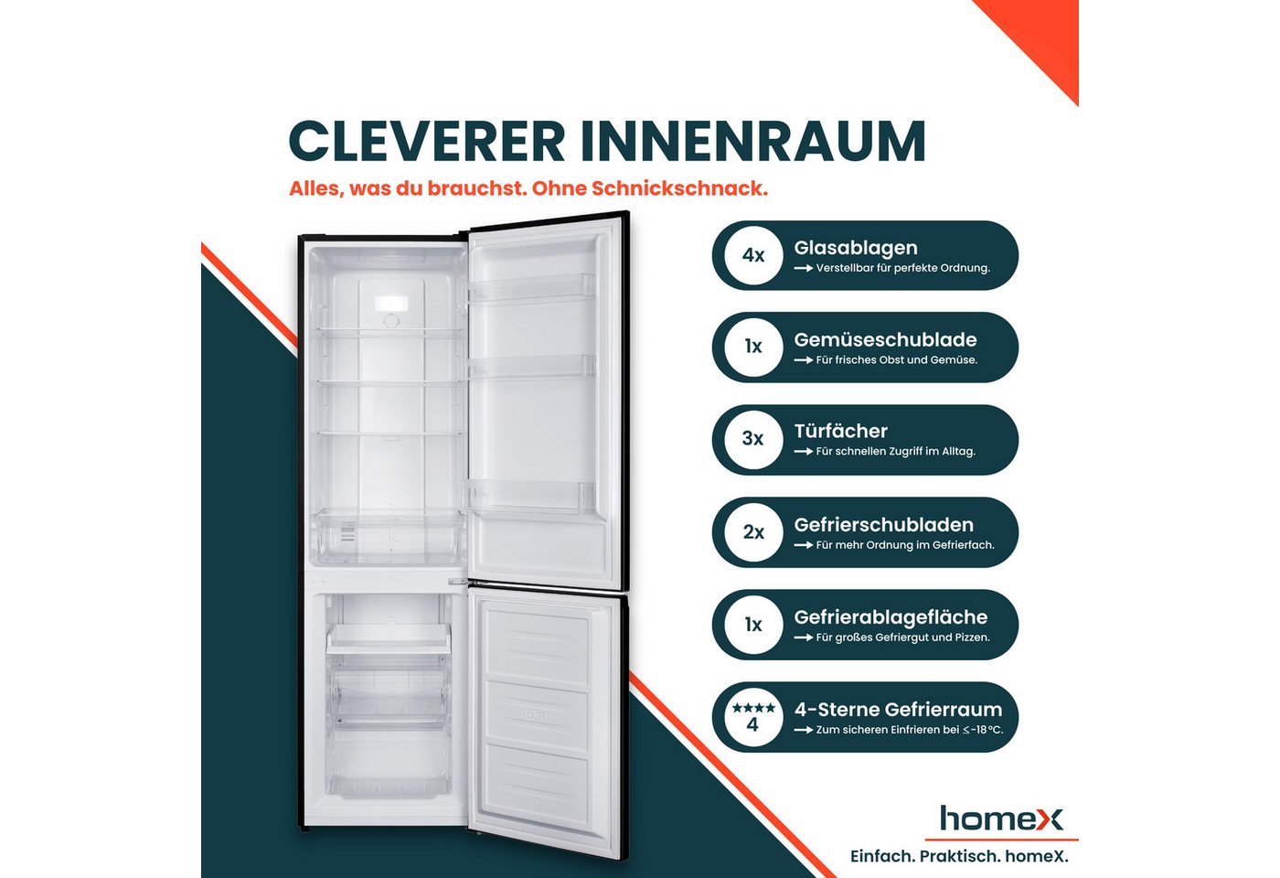 homeX Kühl-/Gefrierkombination CFSN2531C-B, 181 cm hoch, 54.5 cm breit, No Frost, 253 Liter, Kühlschrank mit Gefrierfach, freistehend, groß Bild 3