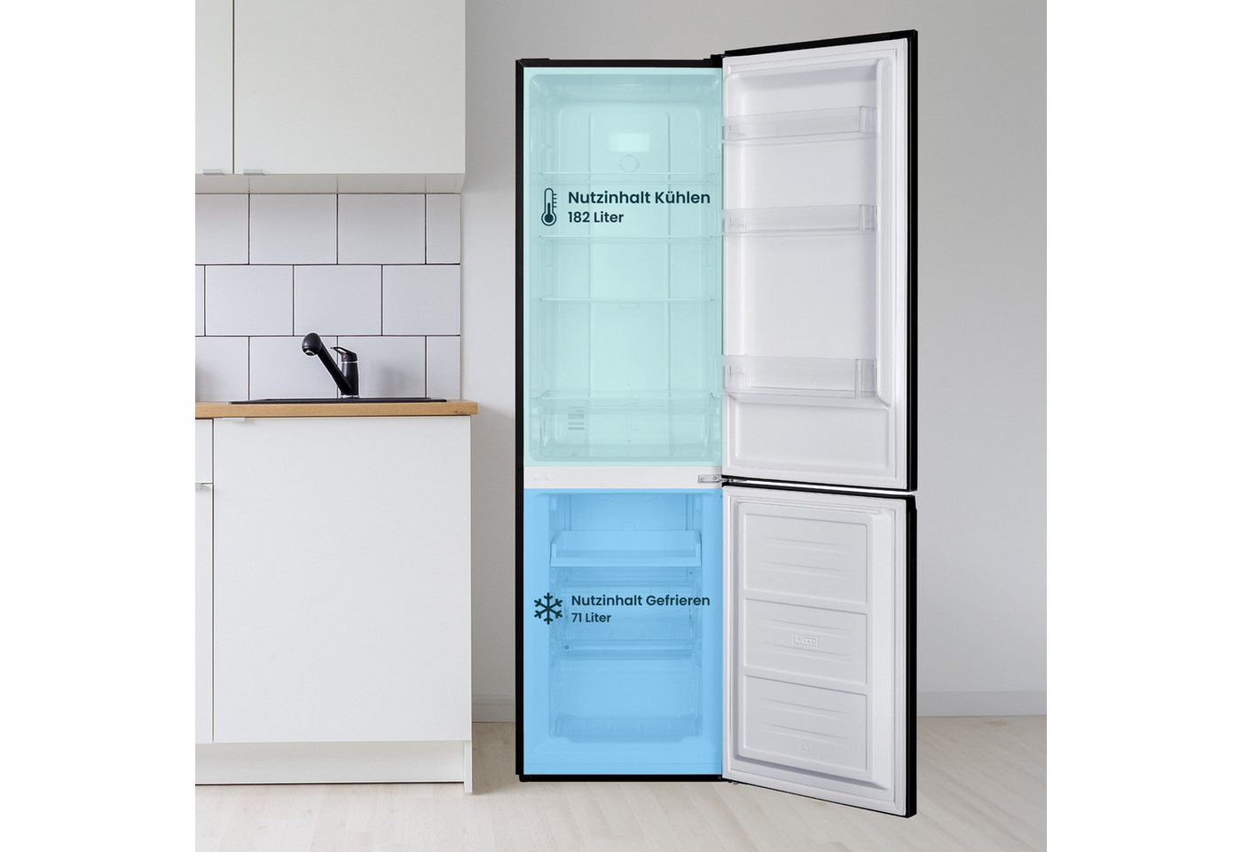 homeX Kühl-/Gefrierkombination CFSN2531C-B, 181 cm hoch, 54.5 cm breit, No Frost, 253 Liter, Kühlschrank mit Gefrierfach, freistehend, groß Bild 4