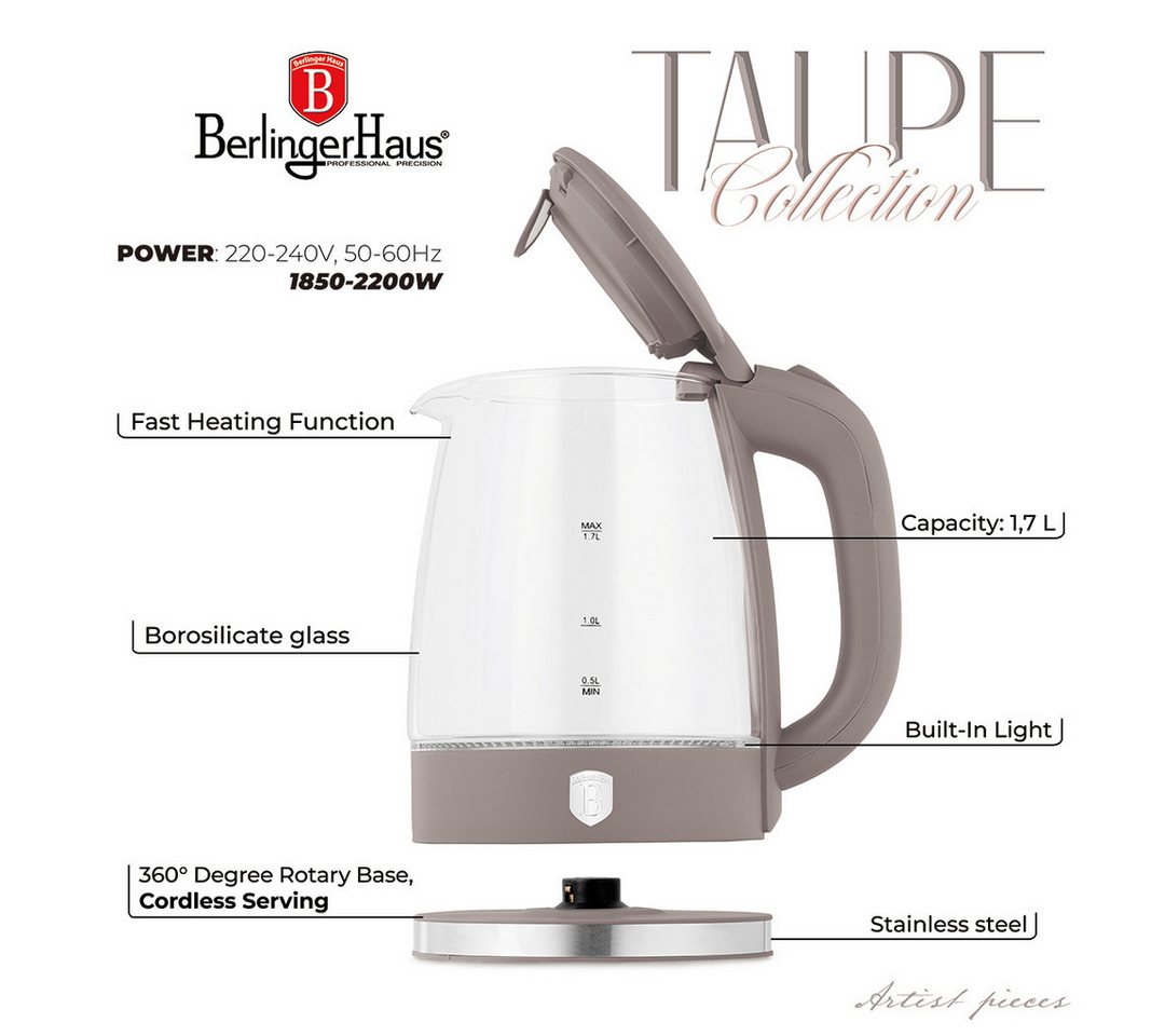 BerlingerHaus Wasserkocher Mattes Taupe, 1,7 l, 2200 W, Hochwertiges Borosilikatglas Bild 2