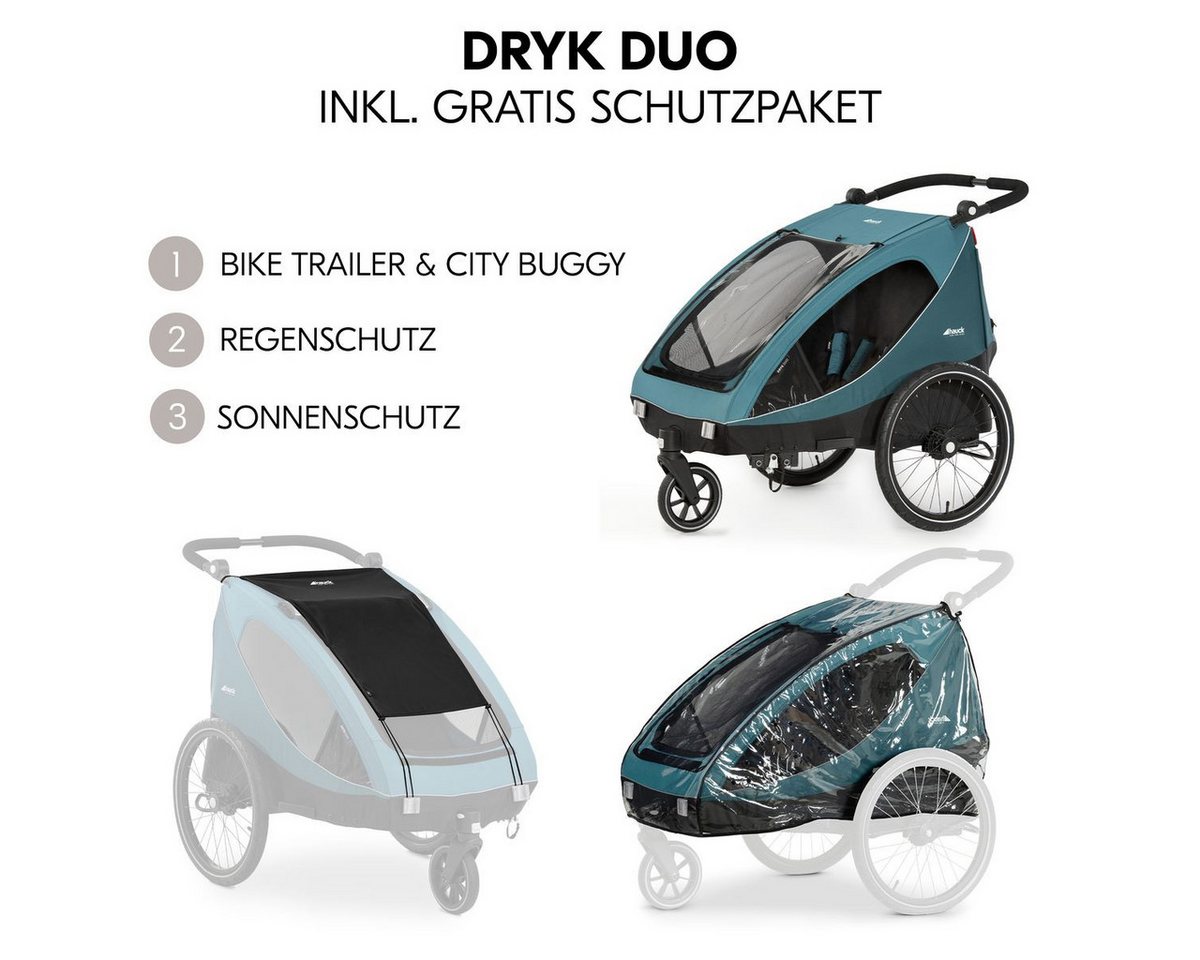 Hauck Fahrradkinderanhänger Dryk Duo - Ocean Green, Fahrradanhänger Buggy für 2 Kinder mit Regen-und Sonnenschutz