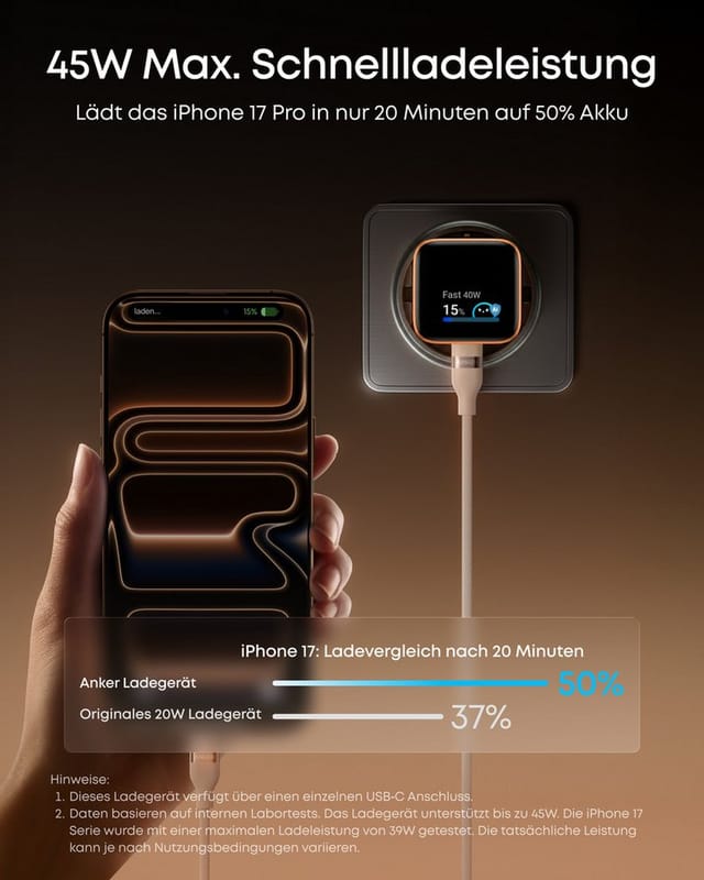 Anker Anker Nano 45W USB C Ladegerät mit Smart Display für iPhone Schnelllade-Gerät (GaN Ladegerät für iPhone 17 Pro Max iPhone 17/16/15 Serie)