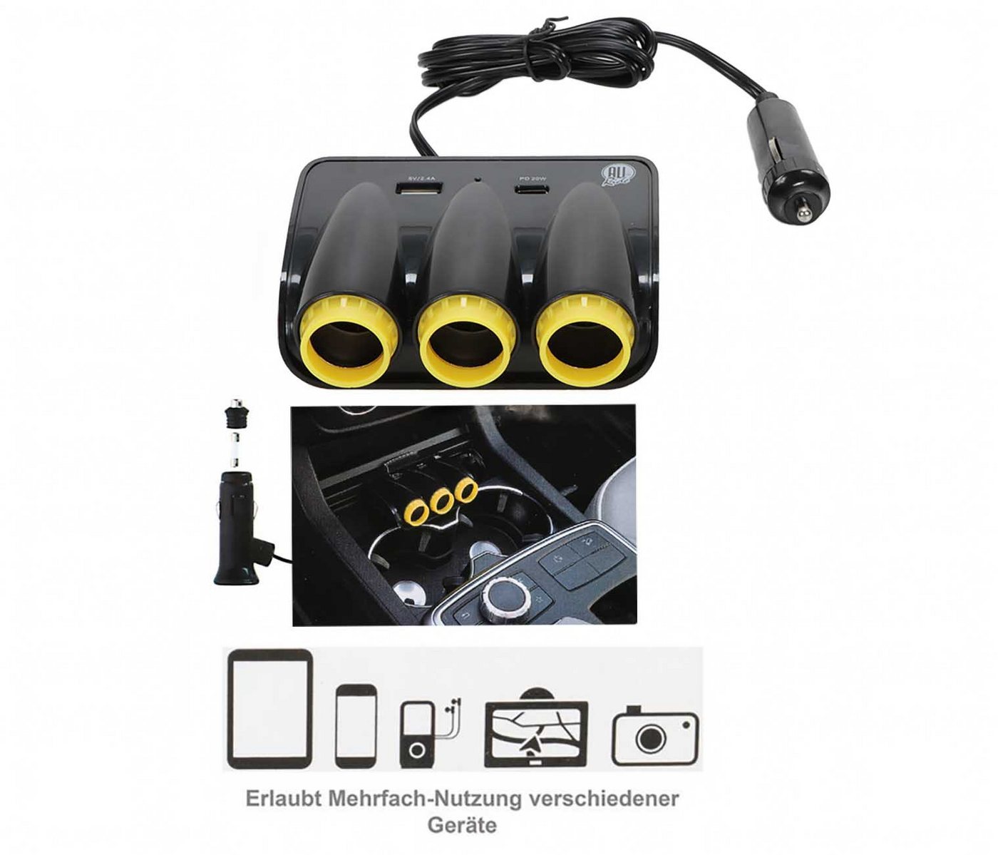 All Ride Zigarettenanzünder-Verteiler 3-fach Steckdosen Verteiler (12/24 Volt Steckdose, 1-St., mit USB-A und USB-C-Port), Auto LKW 3-fach Steckdosen Verteiler