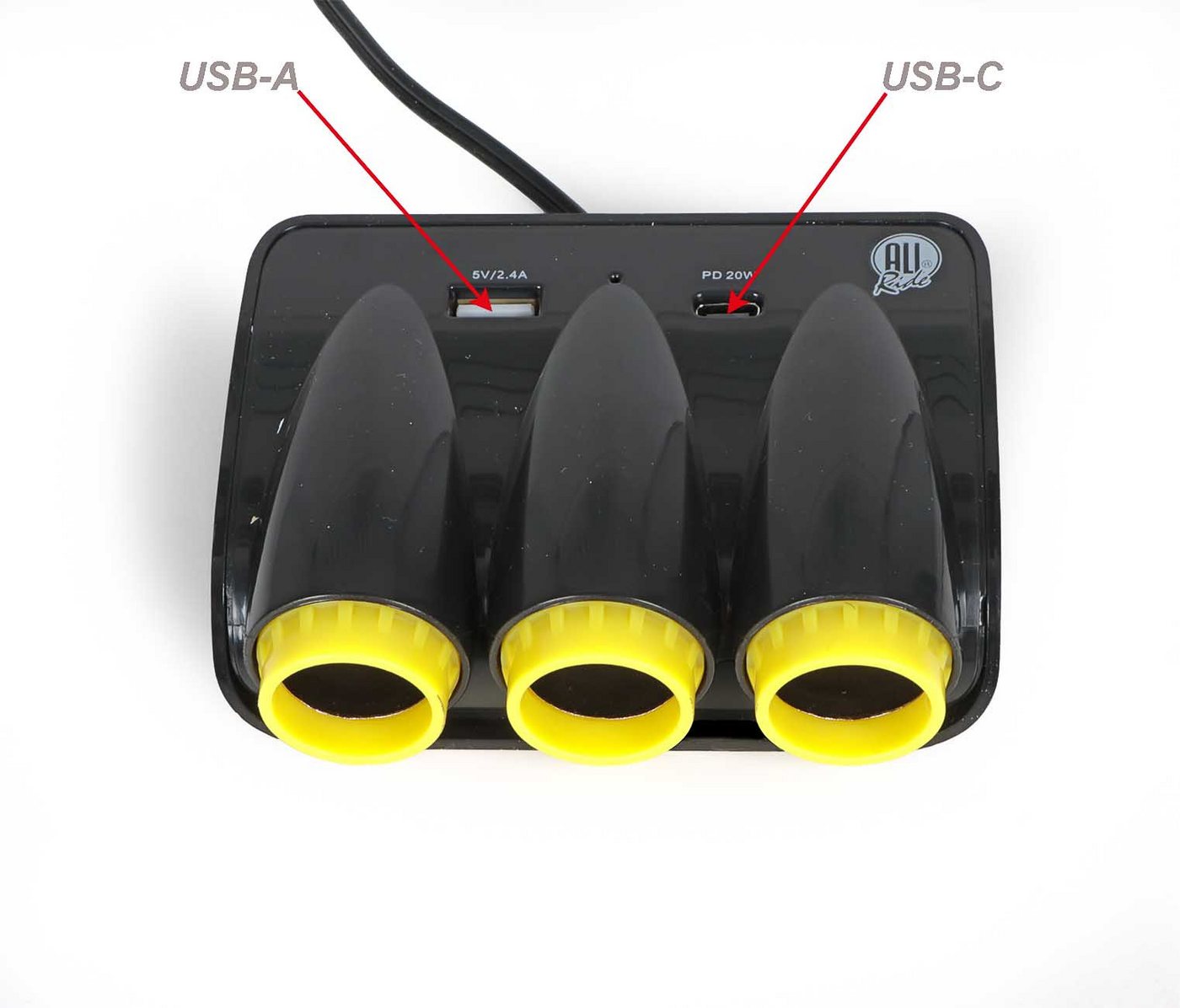 All Ride Zigarettenanzünder-Verteiler 3-fach Steckdosen Verteiler (12/24 Volt Steckdose, 1-St., mit USB-A und USB-C-Port), Auto LKW 3-fach Steckdosen Verteiler Bild 4