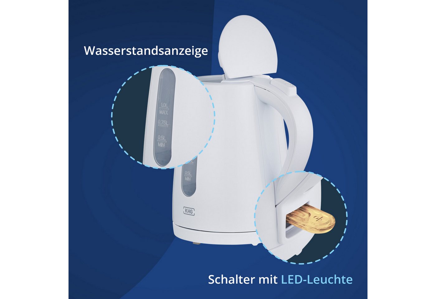 KHG Wasserkocher WK-100W aus Kunststoff weiß, 1 Liter Fassvermögen, Abschaltautomatik, 1 l Bild 2