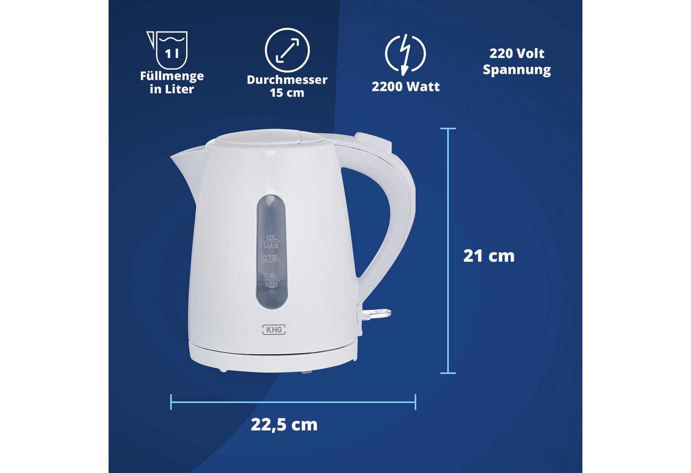 KHG Wasserkocher WK-100W aus Kunststoff weiß, 1 Liter Fassvermögen, Abschaltautomatik, 1 l Bild 3