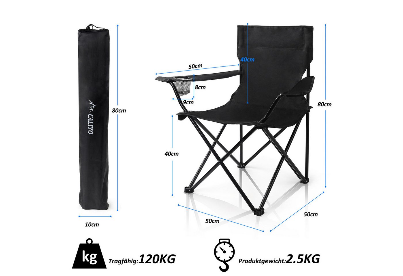 CALIYO Campingstuhl Faltstuhl mit Getränkehalter & Tragetasche Angelsessel (1 St), Campingstuhl bis 120kg Faltstuhl Anglerstuhl Regiestuhl
