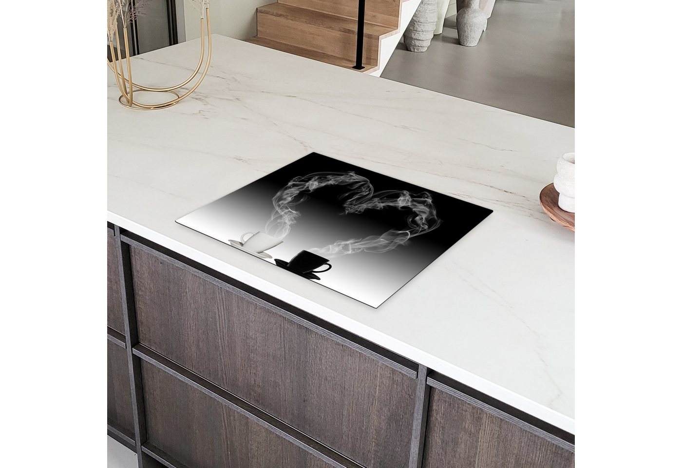 MuchoWow Herd-Abdeckplatte Kaffee - Herz - Wasserdampf - Schwarz - Weiß, Vinyl, (1 tlg), Abdeckung Induktionskochfeld Schutzmatte, Küche Deko, 65x52 cm