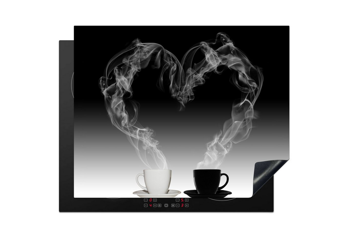 MuchoWow Herd-Abdeckplatte Kaffee - Herz - Wasserdampf - Schwarz - Weiß, Vinyl, (1 tlg), Abdeckung Induktionskochfeld Schutzmatte, Küche Deko, 65x52 cm Bild 2