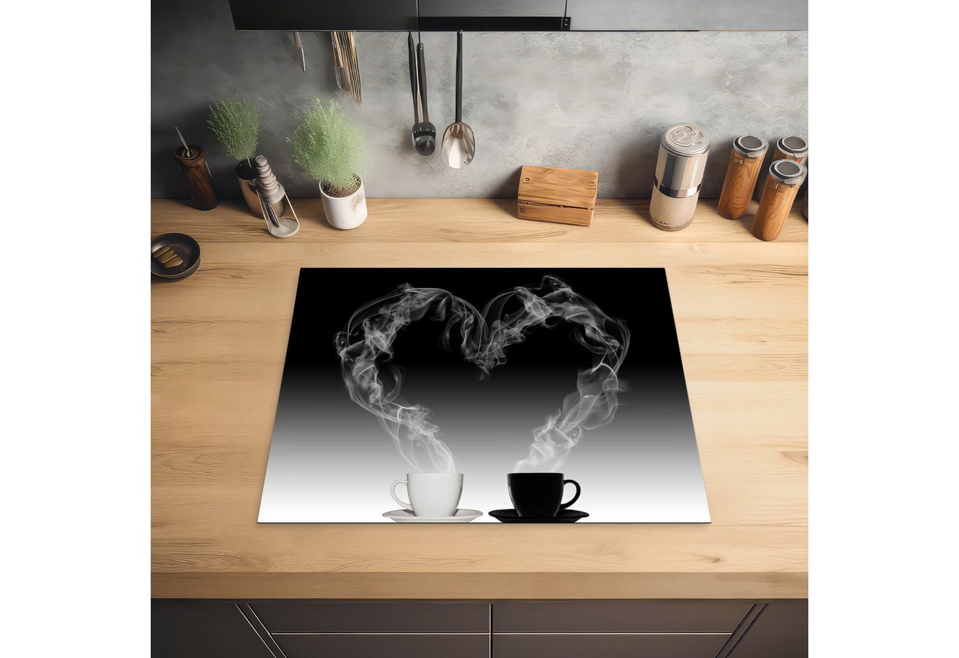 MuchoWow Herd-Abdeckplatte Kaffee - Herz - Wasserdampf - Schwarz - Weiß, Vinyl, (1 tlg), Abdeckung Induktionskochfeld Schutzmatte, Küche Deko, 65x52 cm Bild 5
