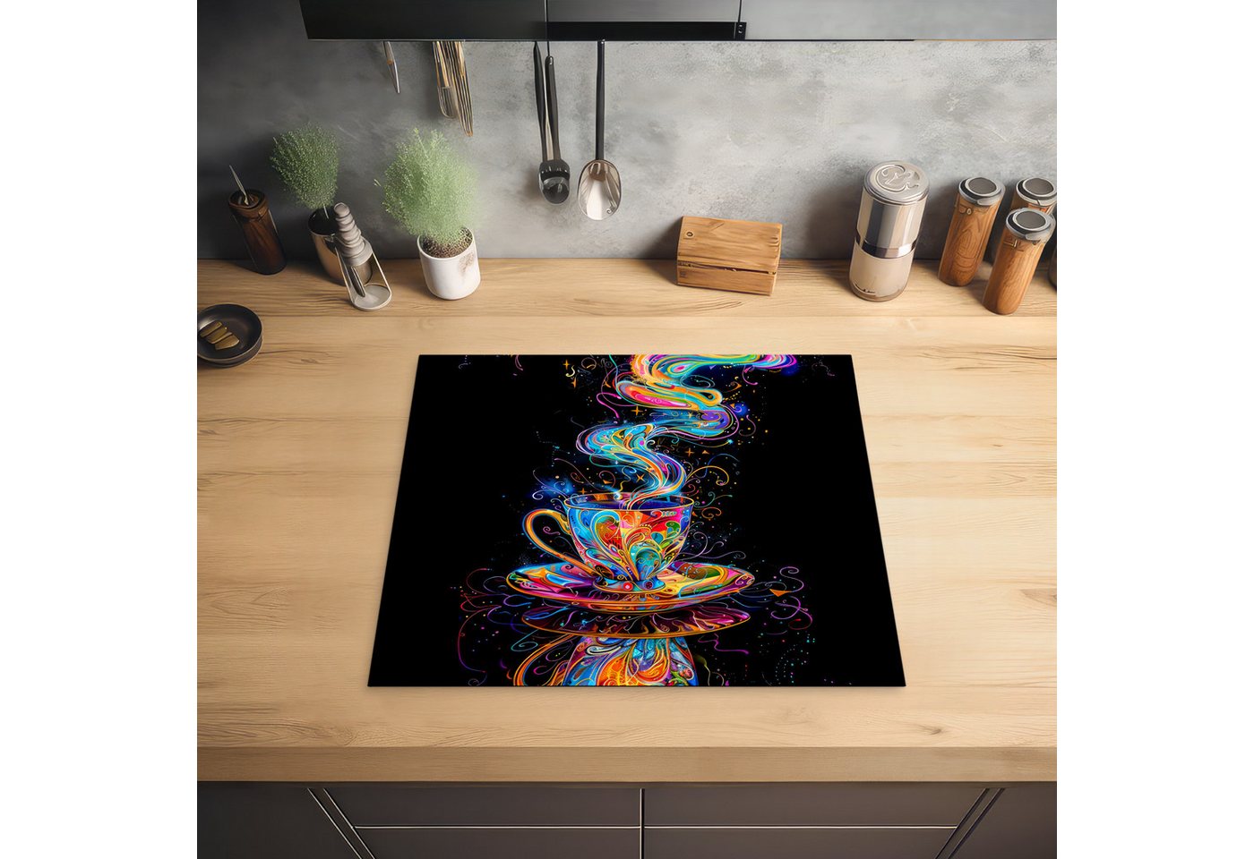 MuchoWow Herd-Abdeckplatte Kaffee - Bunt - Tasse - Schwarz, Vinyl, (1 tlg), Küche Herdabdeckplatte Ceranfeld Vinyl Einteilig, 59x52 cm Bild 5