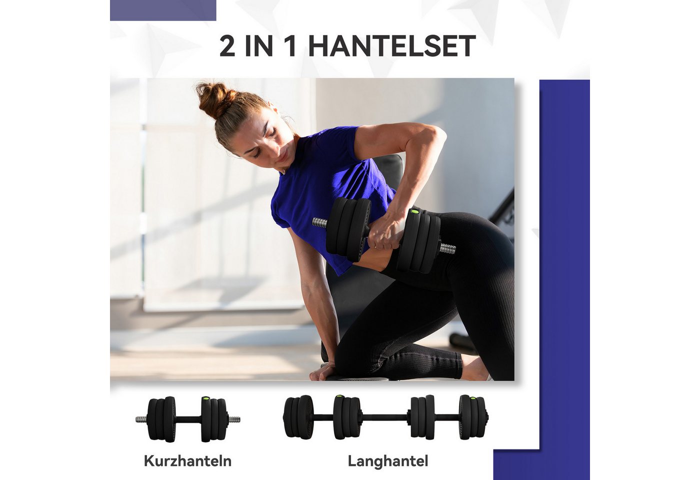 SPORTNOW Hantel-Set 20 kg verstellbar mit 12 Hantelscheiben, bodenschonend, Fitness, (Dumbbell Set, 2-in-1 Hantel- und Langhantelset), für vielseitiges Training, Schwarz+Grün