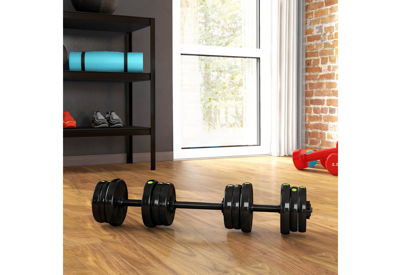 SPORTNOW Hantel-Set 20 kg verstellbar mit 12 Hantelscheiben, bodenschonend, Fitness, (Dumbbell Set, 2-in-1 Hantel- und Langhantelset), für vielseitiges Training, Schwarz+Grün Bild 2