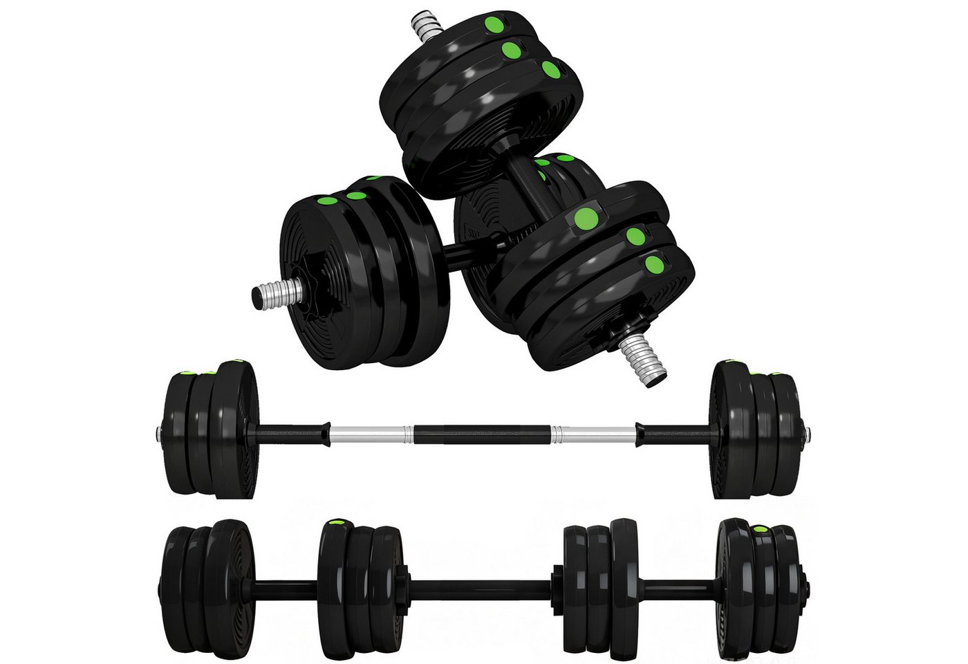 SPORTNOW Hantel-Set 20 kg verstellbar mit 12 Hantelscheiben, bodenschonend, Fitness, (Dumbbell Set, 2-in-1 Hantel- und Langhantelset), für vielseitiges Training, Schwarz+Grün Bild 3