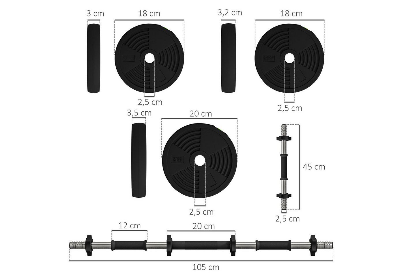 SPORTNOW Hantel-Set 20 kg verstellbar mit 12 Hantelscheiben, bodenschonend, Fitness, (Dumbbell Set, 2-in-1 Hantel- und Langhantelset), für vielseitiges Training, Schwarz+Grün Bild 5