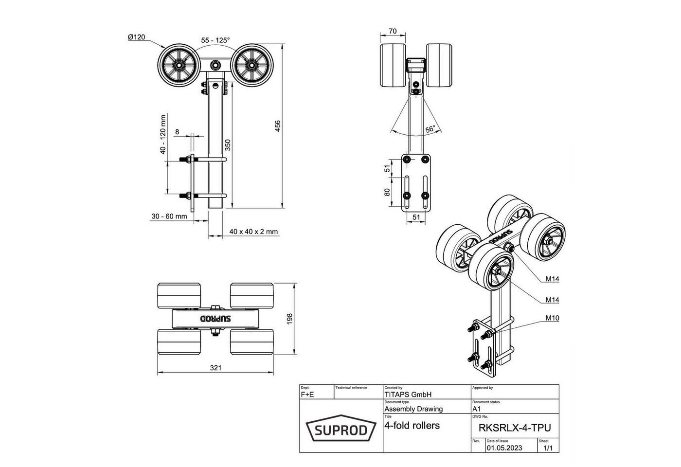 SUPROD Auffahrrampe Sliprollen Slipwagen Sliphilfe Bootstrailer TPU Reifen Ø 120 mm, 4er