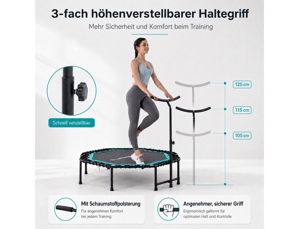 CITYSPORTS Fitnesstrampolin Mini-Trampolin mit Haltegriff 3-fach höhenverstellbar, Ø130cm, 8-Eck, 130 cm Rahmendiagonale, faltbar, bis 100 kg
