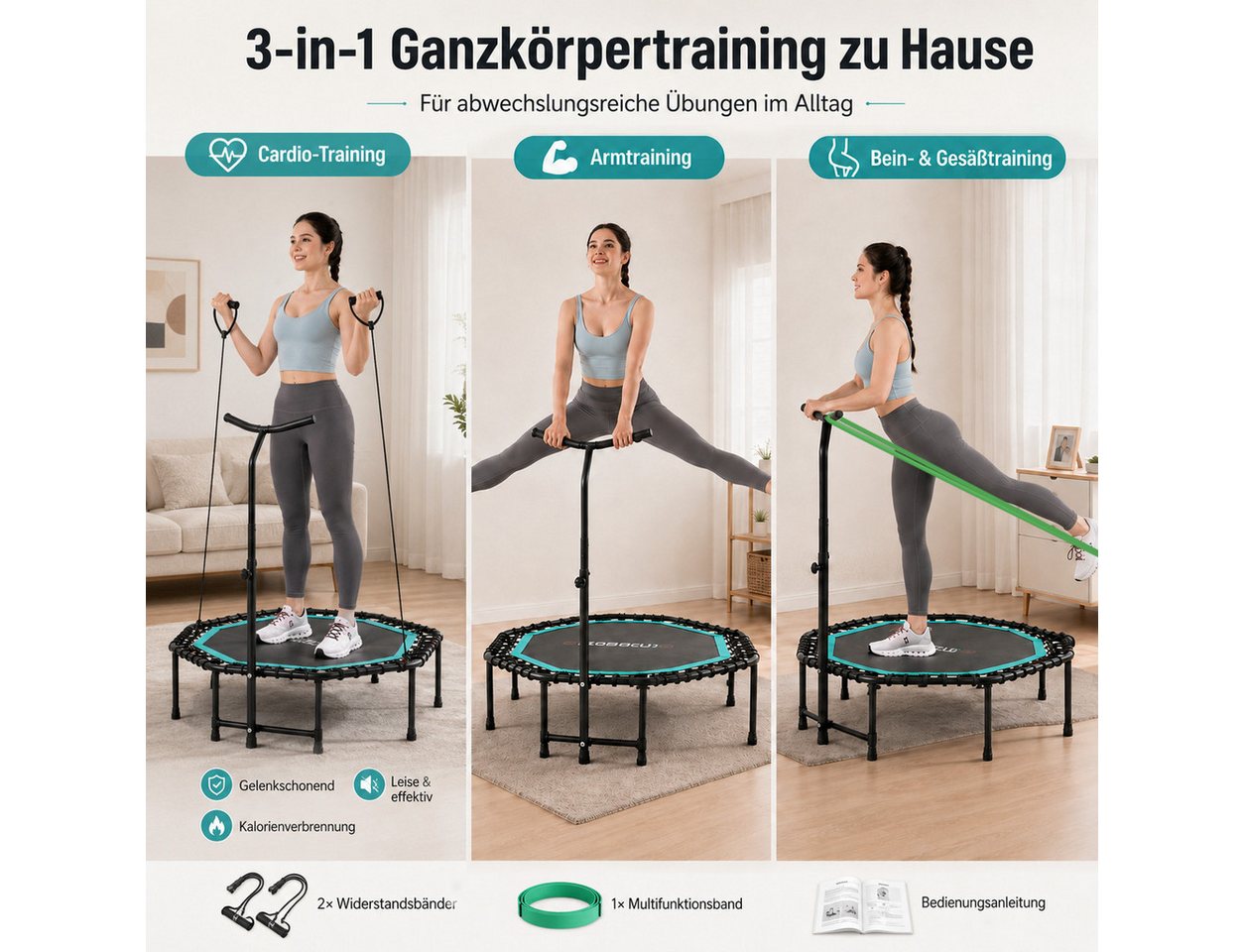 CITYSPORTS Fitnesstrampolin Mini-Trampolin mit Haltegriff 3-fach höhenverstellbar, Ø130cm, 8-Eck, 130 cm Rahmendiagonale, faltbar, bis 100 kg Bild 2