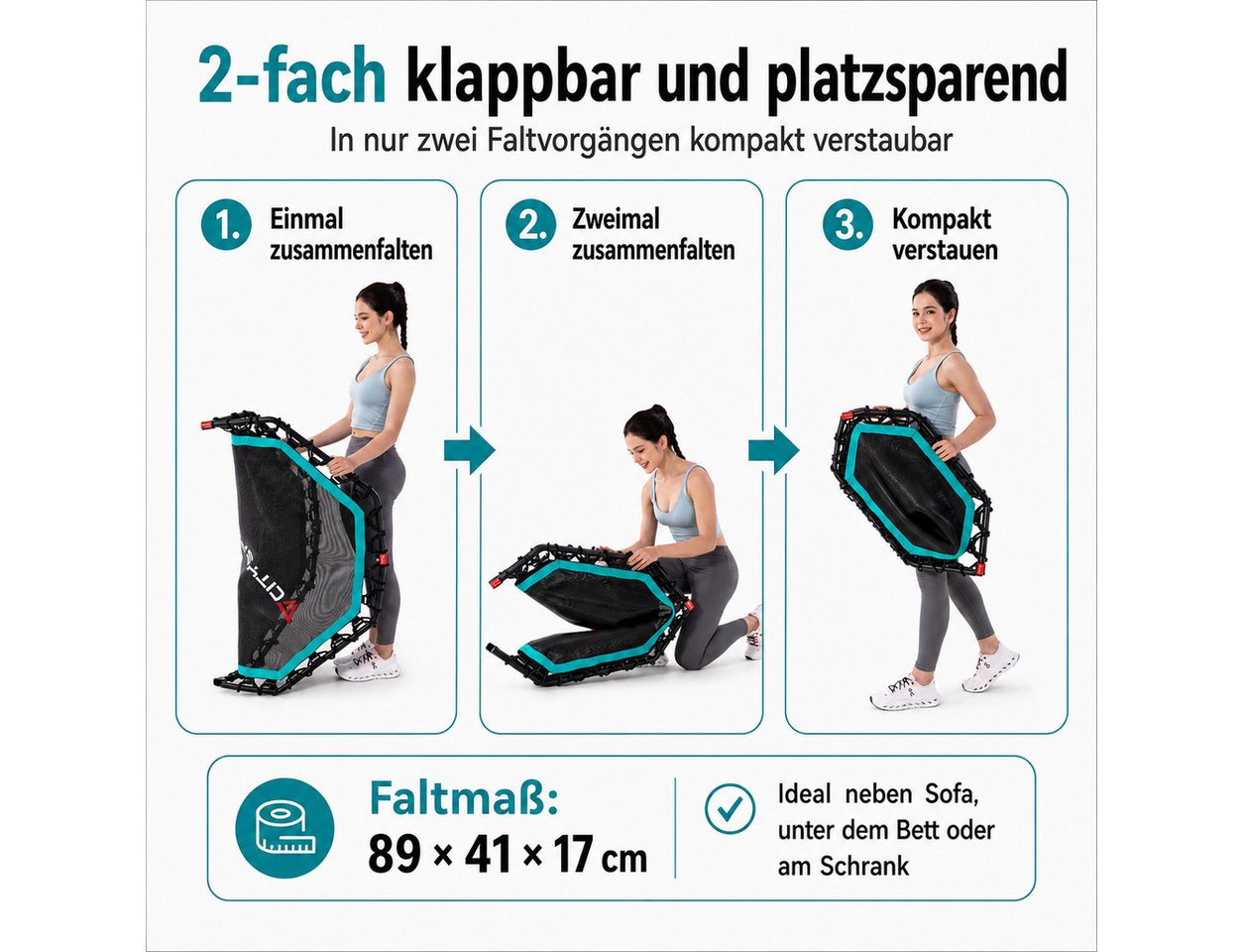 CITYSPORTS Fitnesstrampolin Mini-Trampolin mit Haltegriff 3-fach höhenverstellbar, Ø130cm, 8-Eck, 130 cm Rahmendiagonale, faltbar, bis 100 kg Bild 4