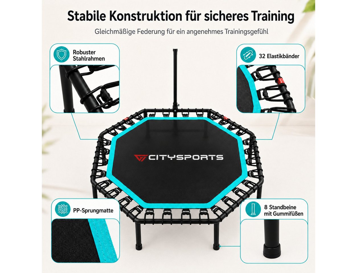 CITYSPORTS Fitnesstrampolin Mini-Trampolin mit Haltegriff 3-fach höhenverstellbar, Ø130cm, 8-Eck, 130 cm Rahmendiagonale, faltbar, bis 100 kg Bild 5