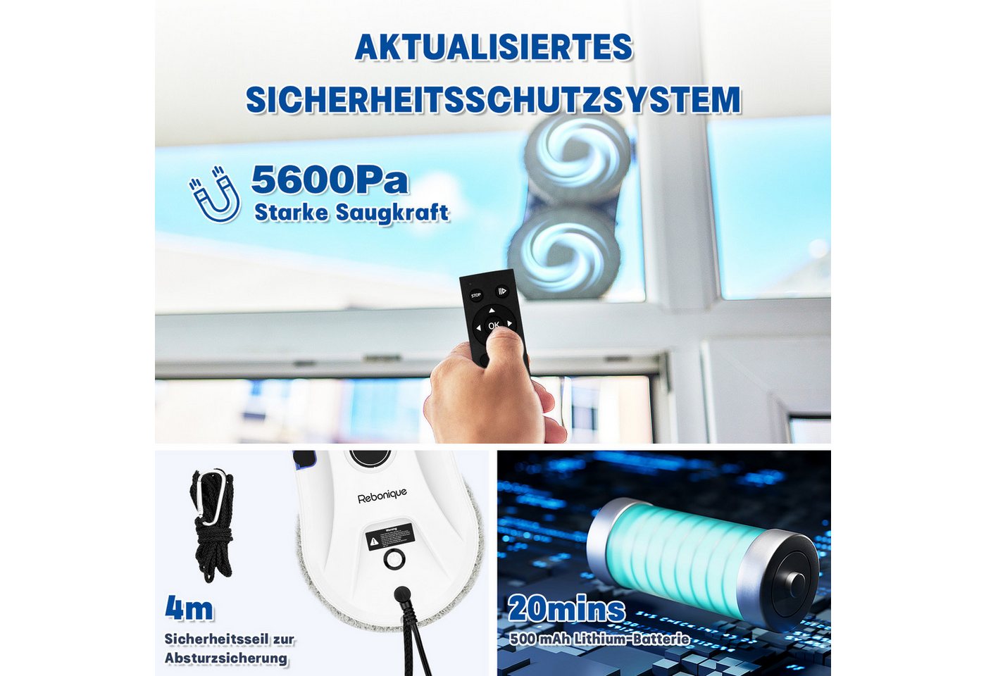 Rebonique Fensterputzroboter Elektrischer Fensterputzer 5600Pa Intelligenter Kanten-Erkennung, 3-Modi Automatische Wasserstrahl Fensterreiniger Roboter