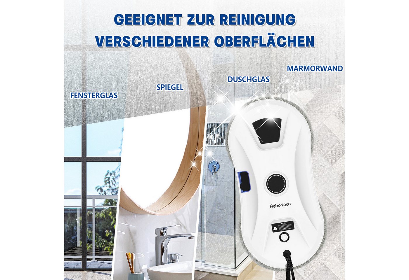Rebonique Fensterputzroboter Elektrischer Fensterputzer 5600Pa Intelligenter Kanten-Erkennung, 3-Modi Automatische Wasserstrahl Fensterreiniger Roboter Bild 2