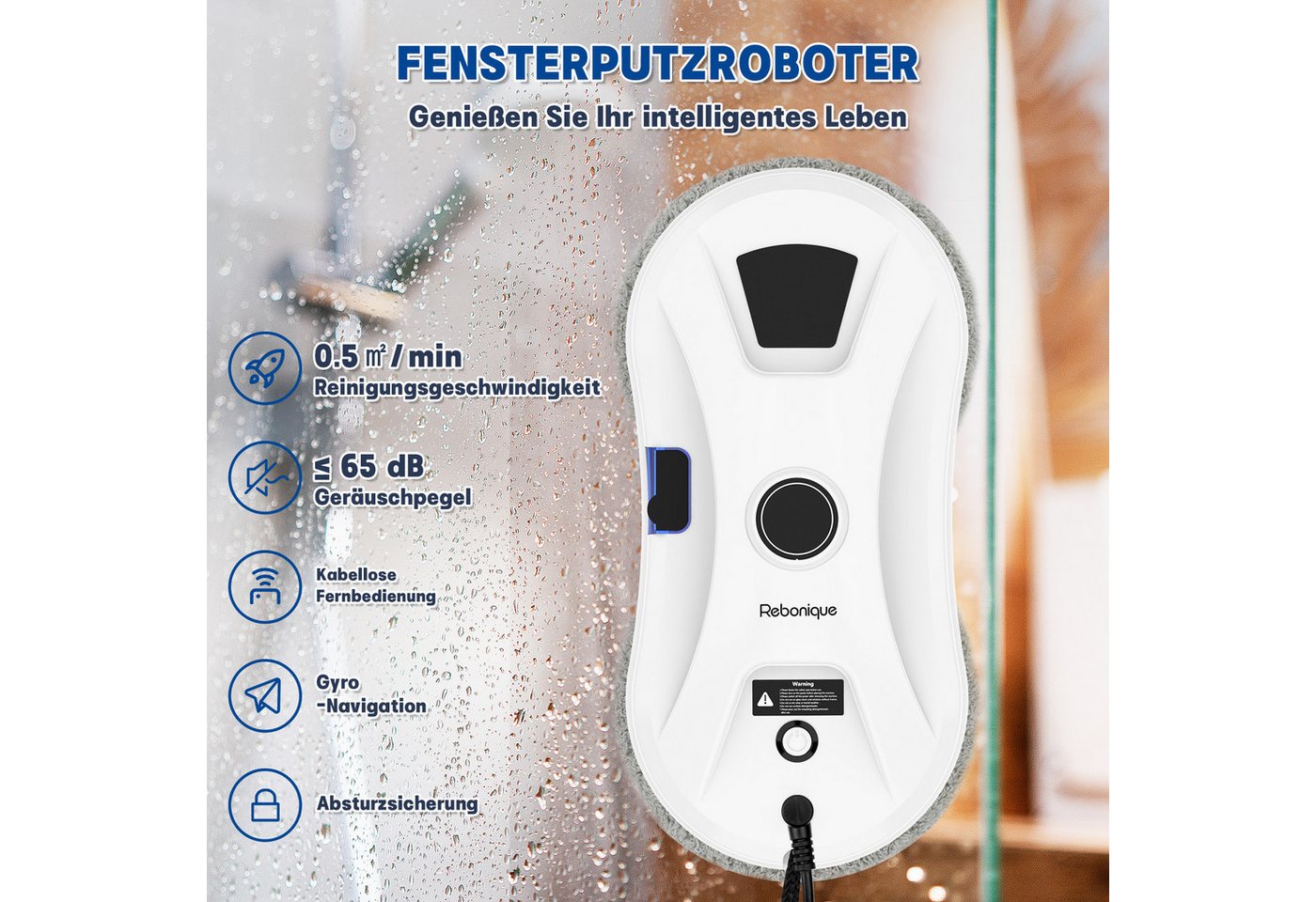 Rebonique Fensterputzroboter Elektrischer Fensterputzer 5600Pa Intelligenter Kanten-Erkennung, 3-Modi Automatische Wasserstrahl Fensterreiniger Roboter Bild 4