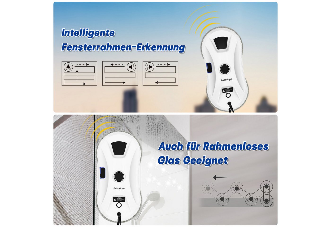 Rebonique Fensterputzroboter Elektrischer Fensterputzer 5600Pa Intelligenter Kanten-Erkennung, 3-Modi Automatische Wasserstrahl Fensterreiniger Roboter Bild 5