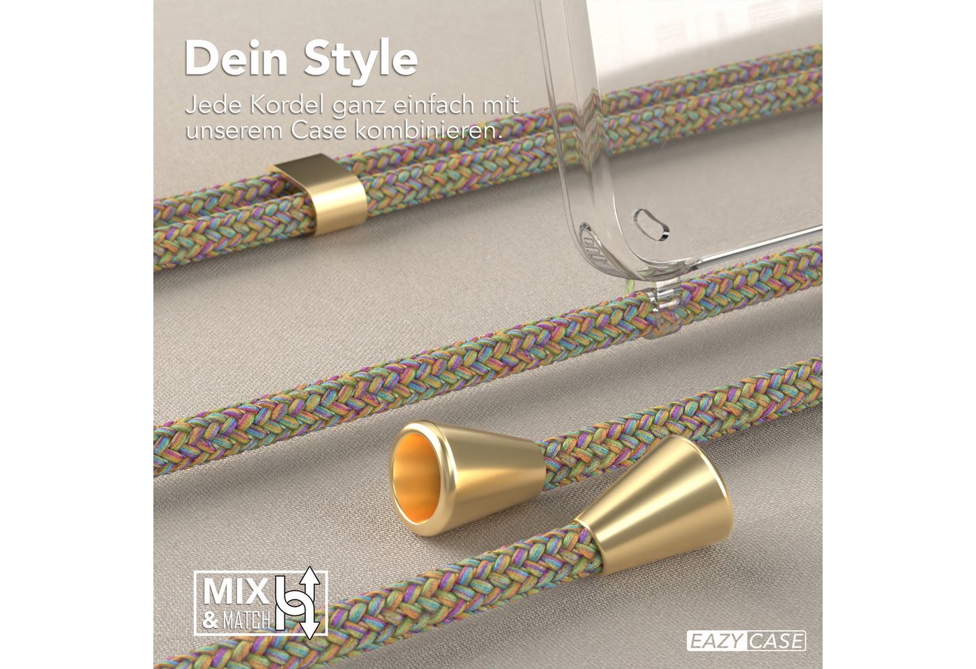 EAZY CASE Handykette Hülle mit Kette für Samsung Galaxy S25 6,2 Zoll, Ketten Hülle Schultergurt Schutz Hülle Tasche mit Band Bunt Clip Gold