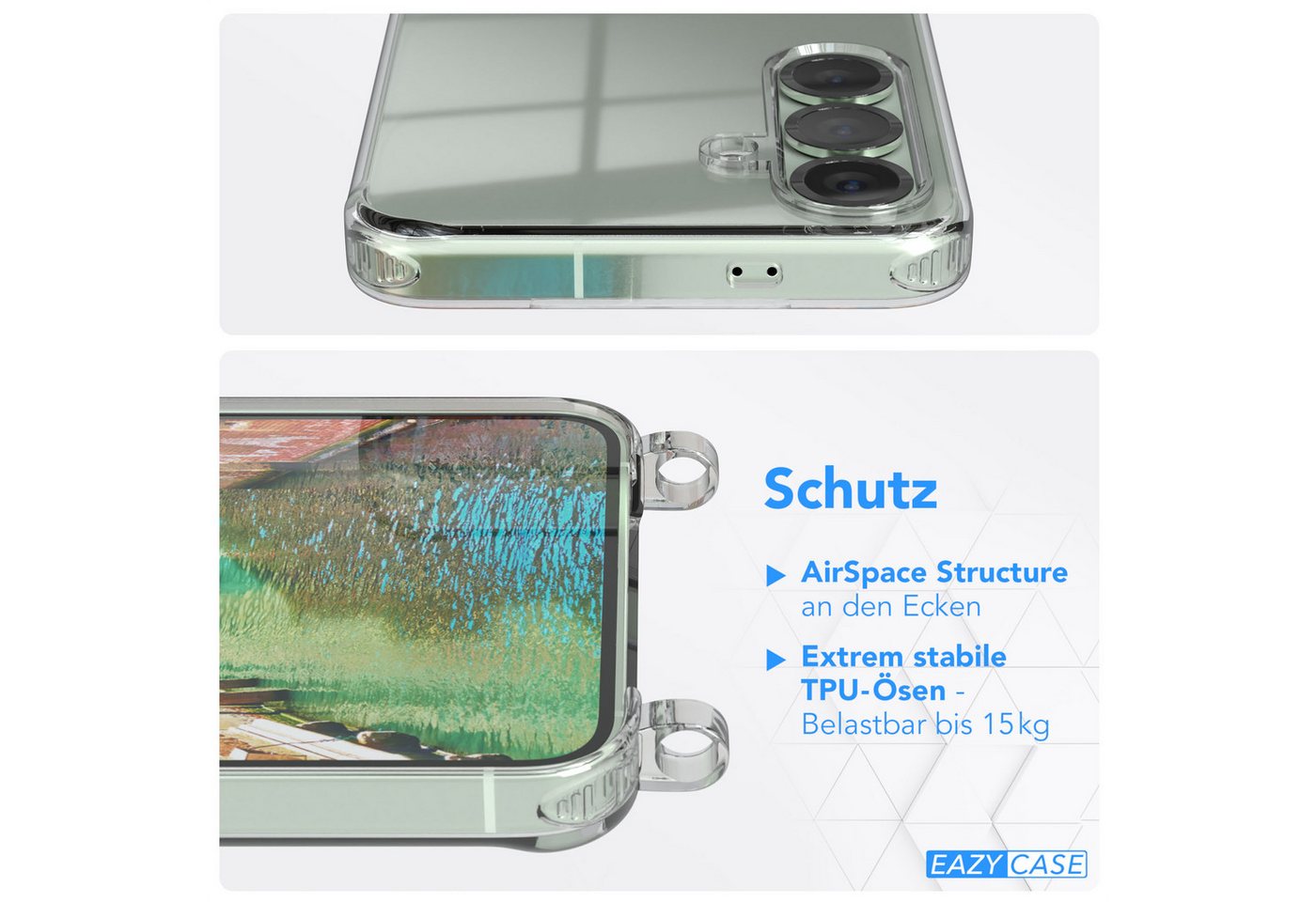 EAZY CASE Handykette Hülle mit Kette für Samsung Galaxy S25 6,2 Zoll, Ketten Hülle Schultergurt Schutz Hülle Tasche mit Band Bunt Clip Gold Bild 2