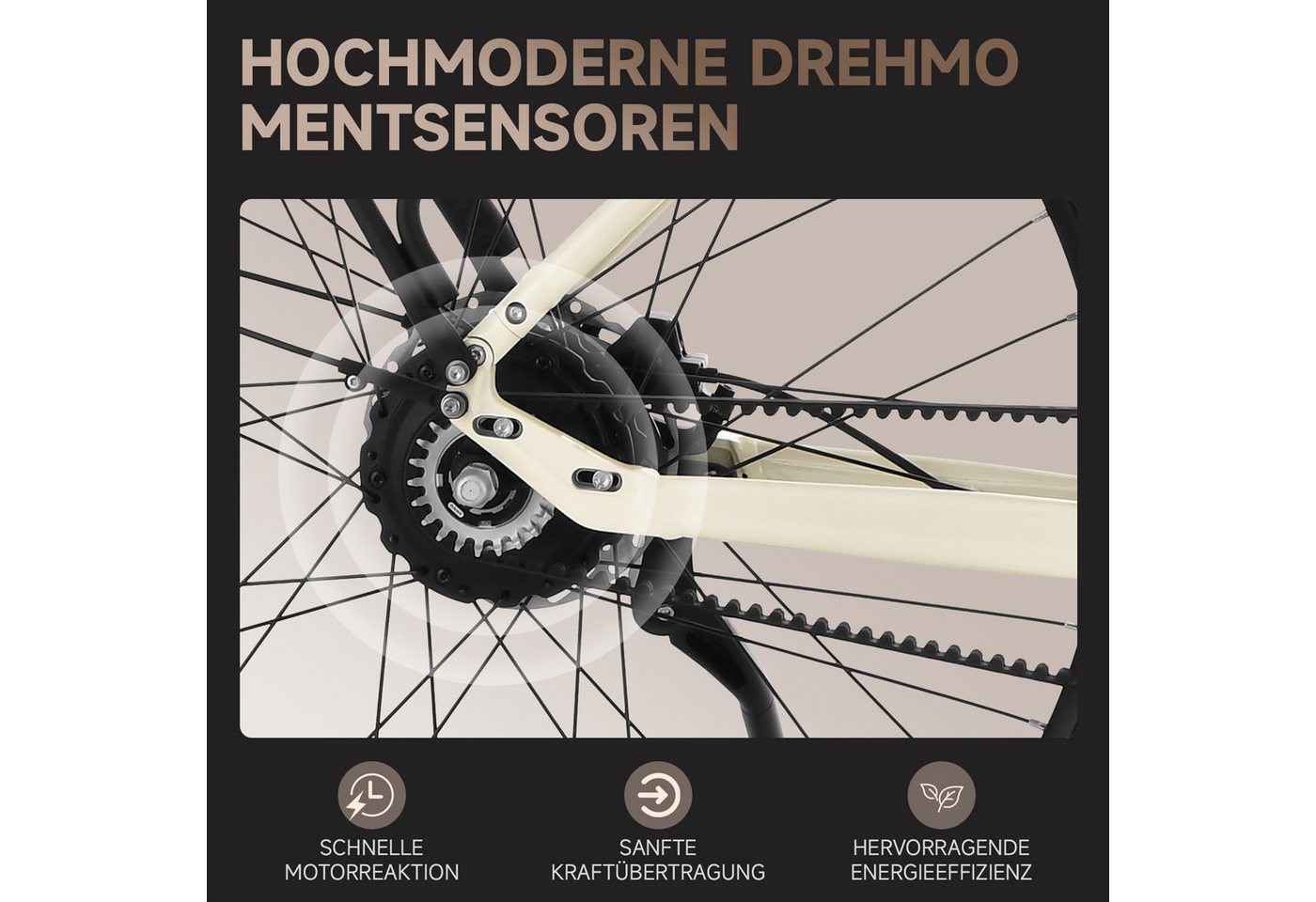 VECOCRAFT E-Bike Cityrad 28‘’ Automatische 2-Gang-Schaltung mit Drehmomentsensor, 45Nm LUNA 2.0, Heckmotor, 360 Wh, (nach EN 15194), wartungsarmer Gates Riemenantrieb, Stadtpedelec für Damen & Herren Bild 5
